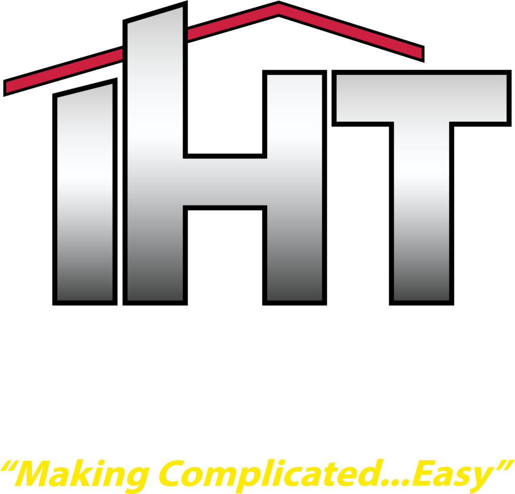 The logo features the text "IHT" with a red line forming a roof over it. Below, the words "INTEGRATED HOME TECHNOLOGIES" are written in white, and at the bottom, a slogan reads "Making Complicated...Easy" in yellow.